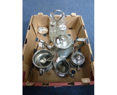 A PARCEL OF MIXED PLATED WARE, to include a cruet, three piece teaset, spoons, toddy ladle etc