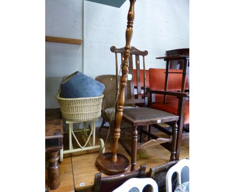 AN OAK DINING CHAIR, wicker bedroom chair, wicker childs doll pram and a standard lamp (4)