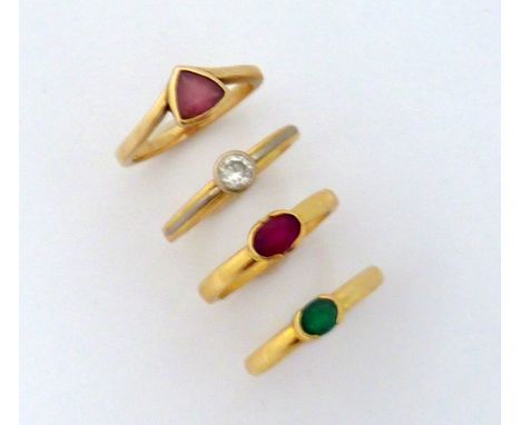 FOUR RINGS, to include 18ct gold emerald, diamond and ruby ring together with a 9ct gold pink topaz ring, hallmarks for Londo