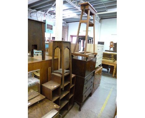 AN OAK OPEN BOOKCASE, plant stand and a projector stand (3)