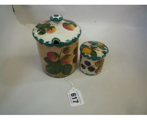 A WEMYSS STRAWBERRY PATTERN PRESERVE POT, height 12cm and a Wemyss mustard pot, fruit decorated (2)