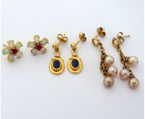 THREE PAIRS OF EARRINGS, to include a pair of 18ct gold sapphire and diamond earrings, a pair of 9ct gold pearl earrings toge