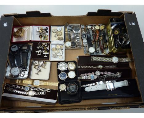 A LARGE TRAY OF WATCH PARTS, faces, cufflinks and watches