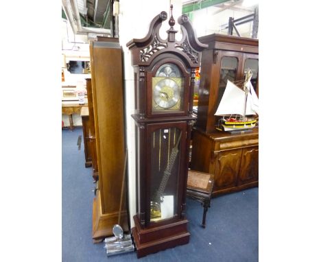 A MODERN MAHOGANY LONGCASE CLOCK, face marked Windsor 31 Day (pendulum, twin brass weights and key)