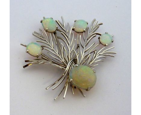 AN OPAL BROOCH, designed as a spray of foliage with opal detail, stamped 750