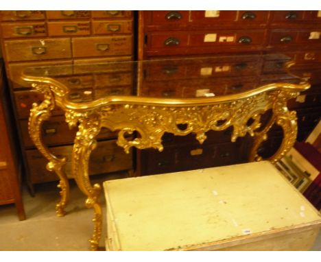 A MODERN SERPENTINE FRONTED CONSOLE TABLE, with gilt frame and mirror top