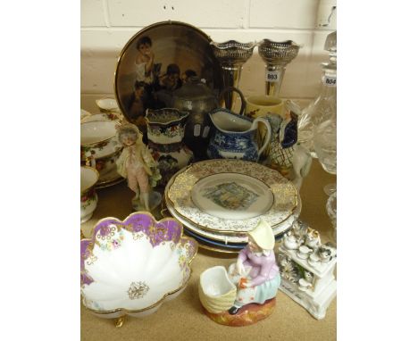 VARIOUS ORNAMENTS, PLATES, etc, to include Noritake bowl, a pair of EPNS vases, Staffordshire figure etc