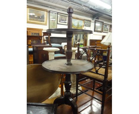 A 19TH CENTURY MAHOGANY THREE TIER DUMB WAITER/BUFFET, on tripod support (s.d. top tier missing etc) (for restoration)