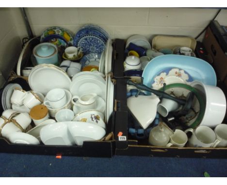 FOUR BOXES OF CERAMICS, KITCHEN ITEMS, etc, including Worcester, Doulton