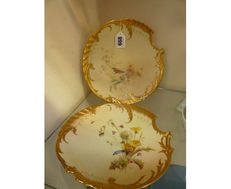 A PAIR OF ROYAL WORCESTER DESSERT OF CABINET PLATES BY EDWARD RABY, dated 1893 puce printed marks and shape No.1427