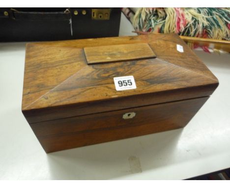 A 19TH CENTURY ROSEWOOD TEA CADDY, of Scarophagus form, fitted interior, lacking mixing bowl