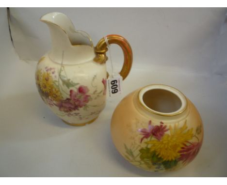 TWO PIECES OF ROYAL WORCESTER BLUSH IVORY, a jug No.1094 and pot pourri vase No.2454 (missing cover) (2)