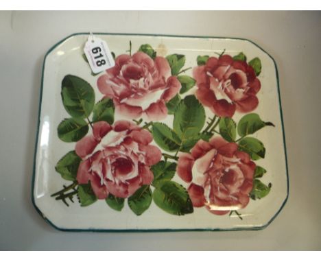 A WEMYSS RECTANGULAR TRAY, painted with pink roses, length 25.5cm (hairlines)