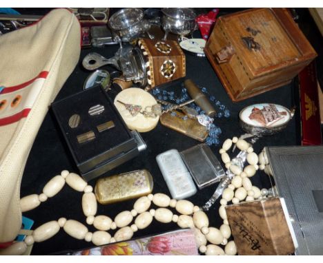 A TRAY OF MISCELLANEOUS ITEMS, to include jewellery, lighters, trinket boxes etc