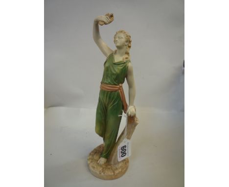 A ROYAL WORCESTER FIGURE, maiden standing wearing draped gown, arm held aloft holding a dove, on raised circular base, model 
