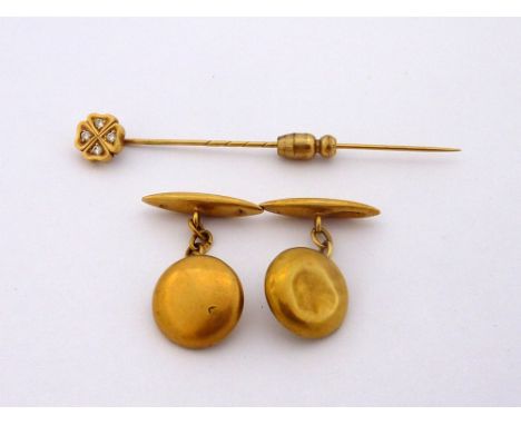 TWO ITEMS, to include an 18ct gold diamond stick pin with clover shape detail and a pair of cufflinks