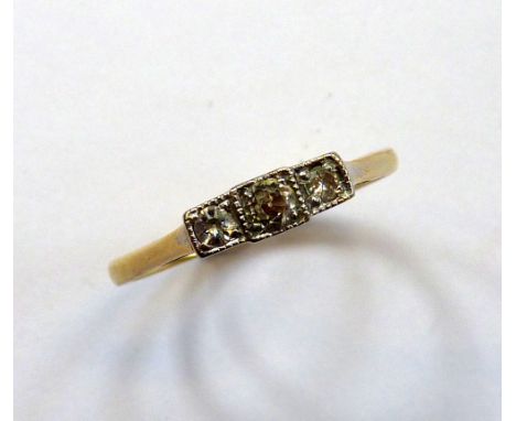 AN EARLY 20TH CENTURY RING, comprising of three old cut diamonds within graduated square shape mounts, estimated total diamon