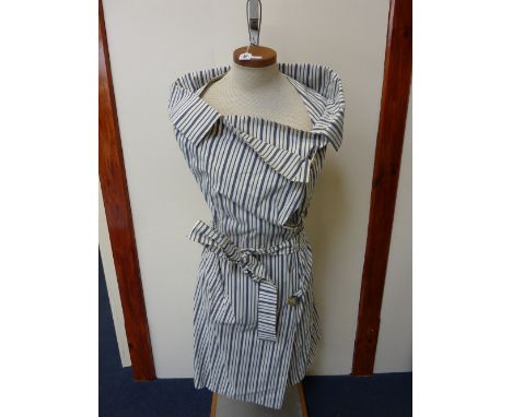 VIVIENNE WESTWOOD, a blue and white striped summer dress, with large collar, button detail and belt, (UK size 12/14)