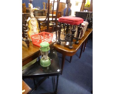 AN EBONISED CORNER DROP LEAF TABLE, two stools and a tilley lamp (4)