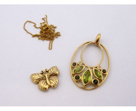 A 9CT GOLD PENDANT NECKLACE, together with a chain and a butterfly shape item, hallmarks to pendant Birmingham, chain SD