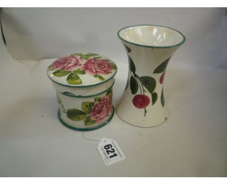 TWO PIECES OF WEMYSS POTTERY, covered pot painted with flowers (s.d.) and vase painted with cherries (s.d.), height 12cm (2)