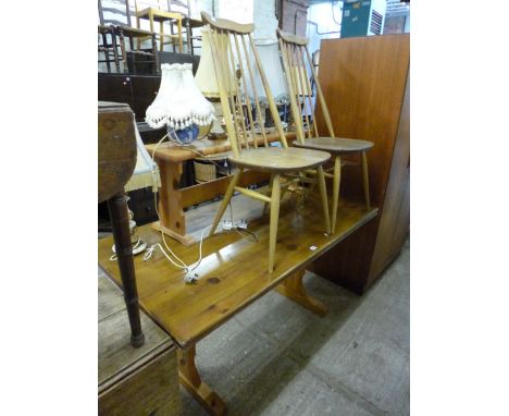 TWO ERCOL BLONDE HIGH BACK CHAIRS, and a pine table (3)