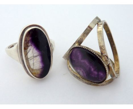 TWO ITEMS OF JEWELLERY, to include a silver blue john ring together with a blue john scarf clip