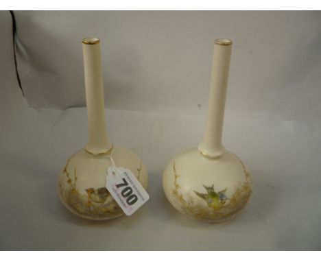 TWO GRAINGER & CO WORCESTER BOTTLE VASES, bird and foliage decoration, height 15.5cm (2)