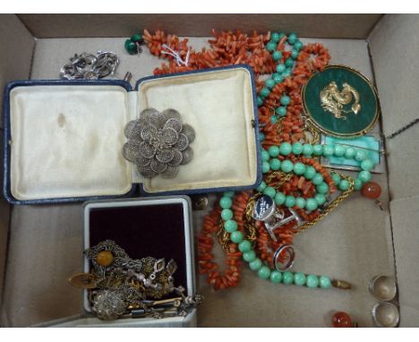 A BOX OF MISCELLANEOUS JEWELLERY, to include coral, brooches, cufflinks and necklaces