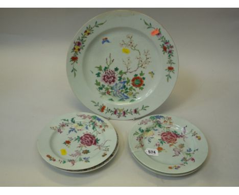A GROUP OF CHINESE FAMILLE ROSE PLATES, late Qianlong, including three with matching peony and wildflower patterns, one with 