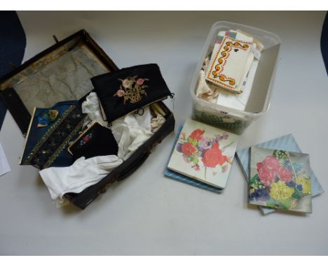 A LARGE COLLECTION OF VINTAGE NAPKINS, HANDBAGS, PARASOLS,COLLARS, HANDKERCHIEFS ETC, to include a small suitcase of evening 