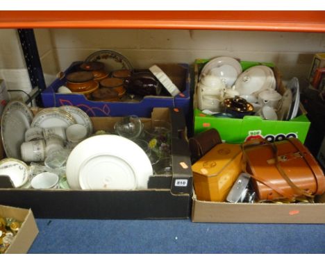 FOUR BOXES OF CERAMICS, GLASS, BINOCULARS, CAMERA, TEA CADDY, etc