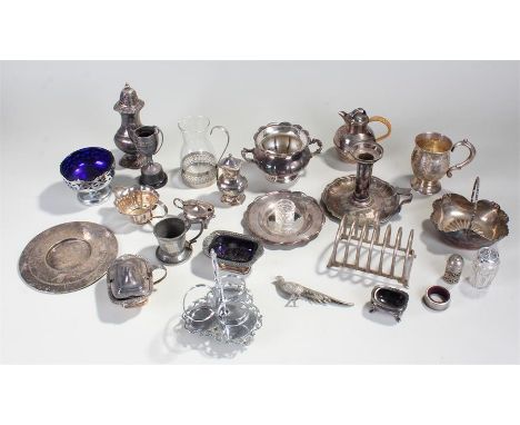 Silver plated wares to include jugs, candlestick, salts, etc, (qty)