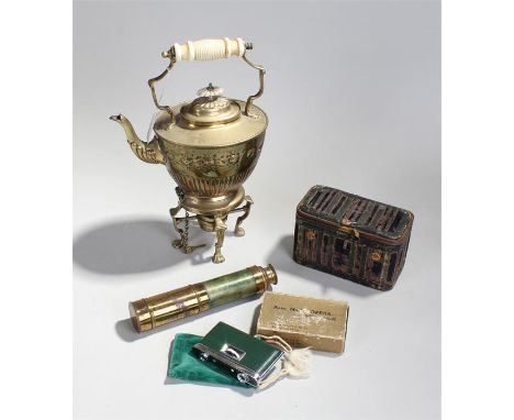 Mixed lot, to include a telescope, a vanity set, opera glasses and a brass teapot on stand, (4)