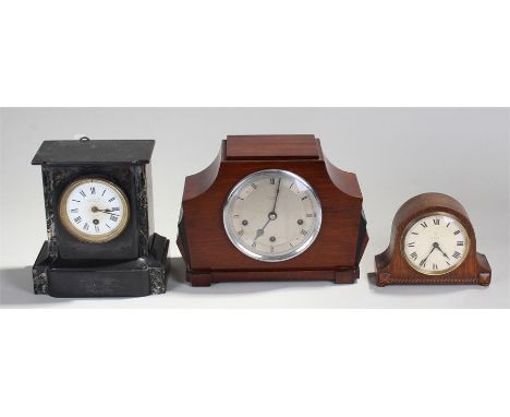 Three clocks, to include a Victorian black slate mantel clock Smith & Son, a oak cased clock and a mahogany cased clock, (3)