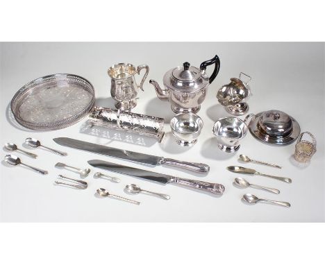 Quantity of silver plate to include teapot, butter dish, tankard etc.