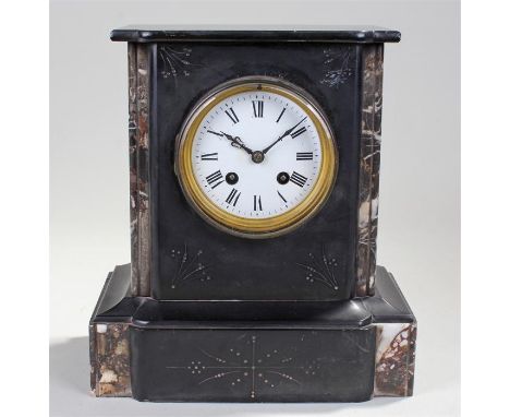Victorian black slate mantel clock, twin train movement 28cm high