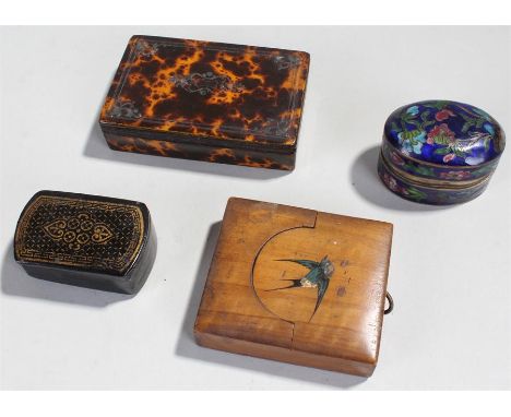 Four boxes, to include to papier mache boxes, a Chinese enamel box and a compass case containing the compass, (5)