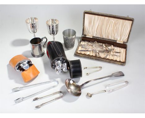 Silver plated wares, to include a pair of goblets, tankards a ladle, etc, (qty)