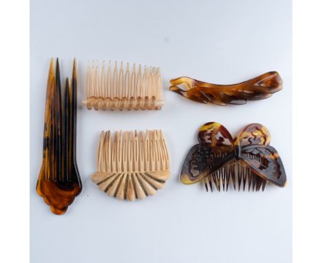 A collection of vintage decorative hair combs crafted from faux tortoiseshell and plastic, showcasing elegant designs reminis