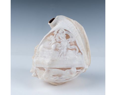 Semi translucent polished shell with scene depicting a dancing woman with a cherub, garland swag and flowing scarf. Issued: 2