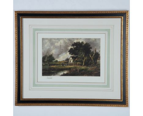 Finely colored original lithograph on laid paper that depicts a French countryside house in the style of Jean-Baptiste Camill