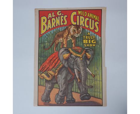 Original vintage Al G. Barnes Wild Animal Circus poster featuring an elephant with a tiger on its back under the banner "A Tr