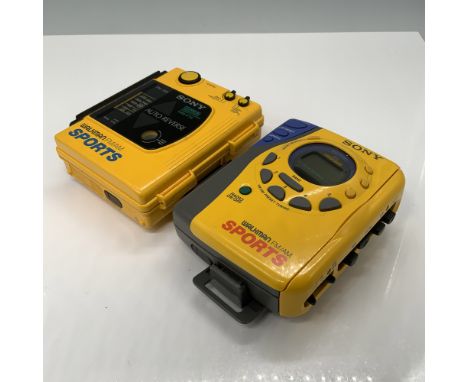 This lot features two vintage Sony Walkman FM/AM Sports models: the WM-F73 and WM-FS493. Both are highly collectible for thei