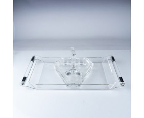 A striking vintage Lucite and chrome serving tray paired with a matching Lucite condiment server set. The tray features sleek