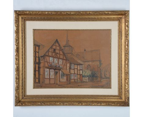 This beautifully painted original watercolor and gouache on brown paper features a quaint German cityscape where typical hous