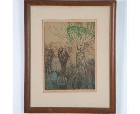 Original color etching on handmade paper by American artist and Master papermaker Laurence Barker. Pulled in the small editio
