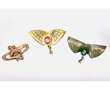 For your consideration is a set of three Seed Pearl Polychrome Bat and Flower Brooches. This beautiful set of pre-1920's broo