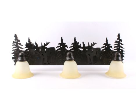 For your consideration is a Rustic Moose &amp; Pine Vanity 3-Light Fixture with a faux aged copper paint. Casting the scenery