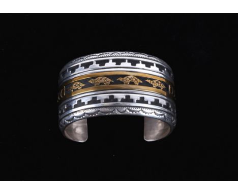 For your consideration is this large Navajo artist Tommy &amp; Rose Singer sterling silver and 14k gold overlay bracelet. Sin